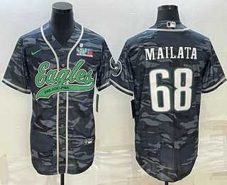Mens Philadelphia Eagles #68 Jordan Mailata Grey Camo With Super Bowl LVII Patch Cool Base Stitched Baseball Jersey->philadelphia eagles->NFL Jersey